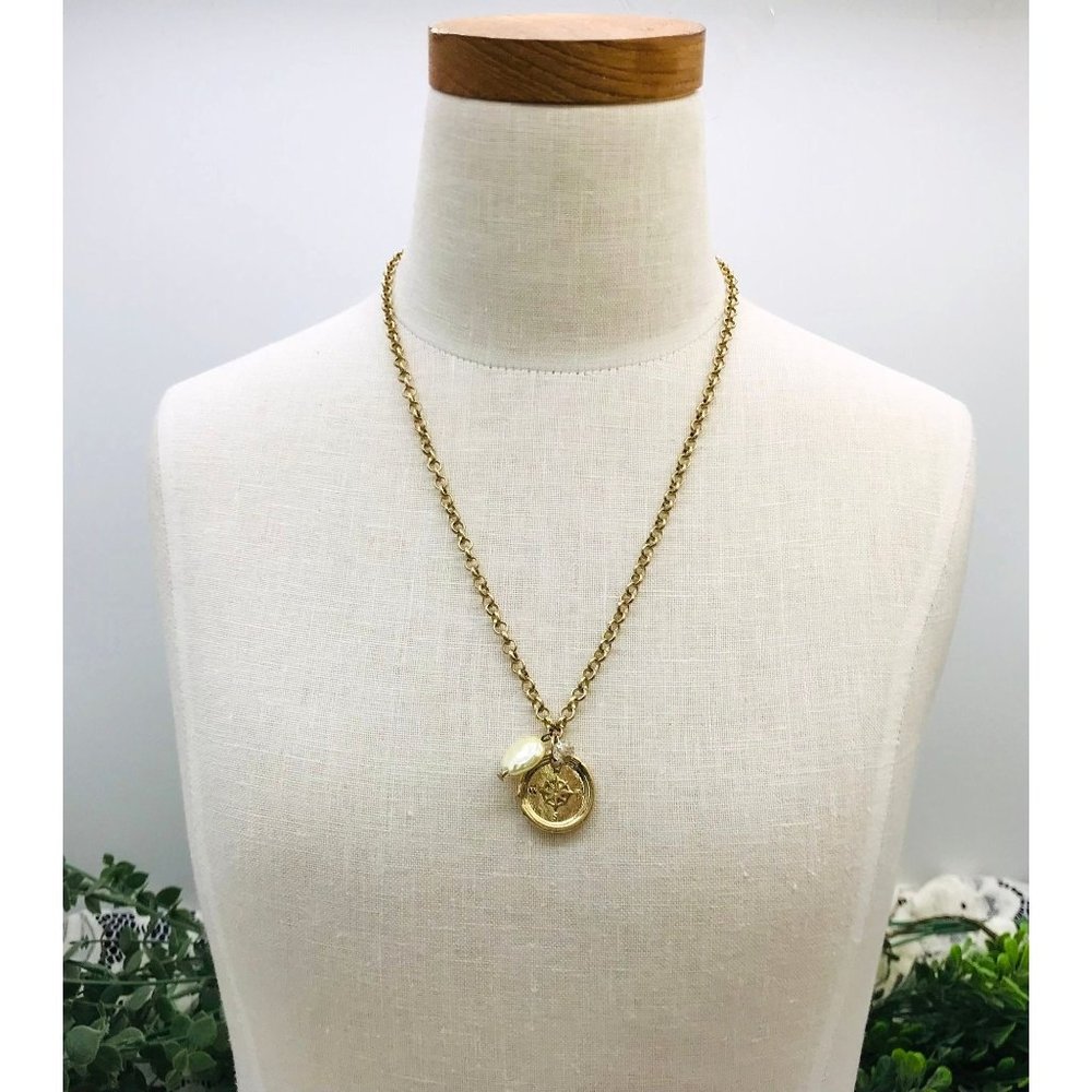 Vintage Necklace Gold Toned With Compass Design Dangle Faux Pearl And Clear Face - Picture 2 of 6
